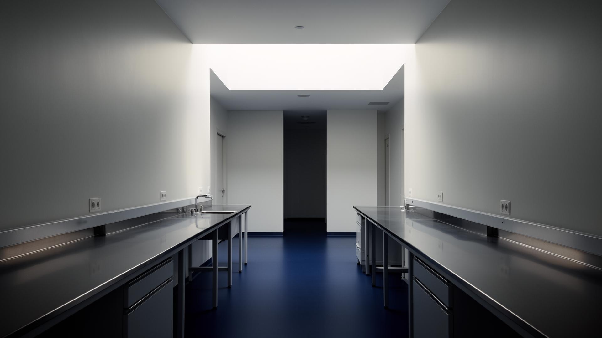 Empty modern clinical laboratory with stainless workbenches receding into the distance