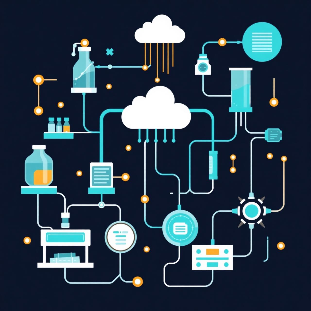 Abstract illustration of interconnected laboratory systems and data flow
